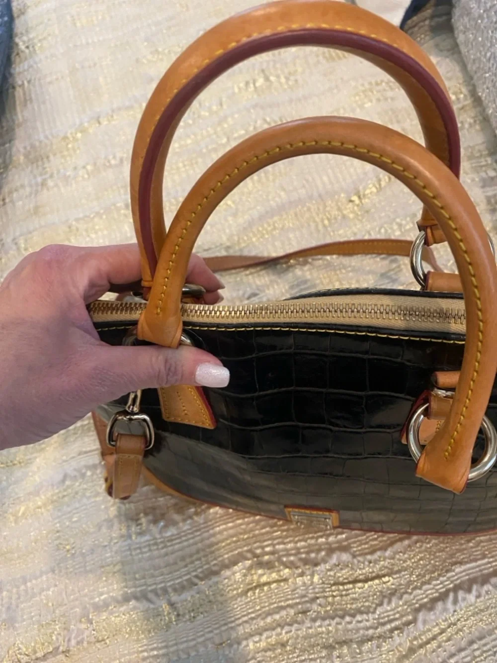 Dooney & Bourke Black Croc-Embossed Satchel with Tan Trim